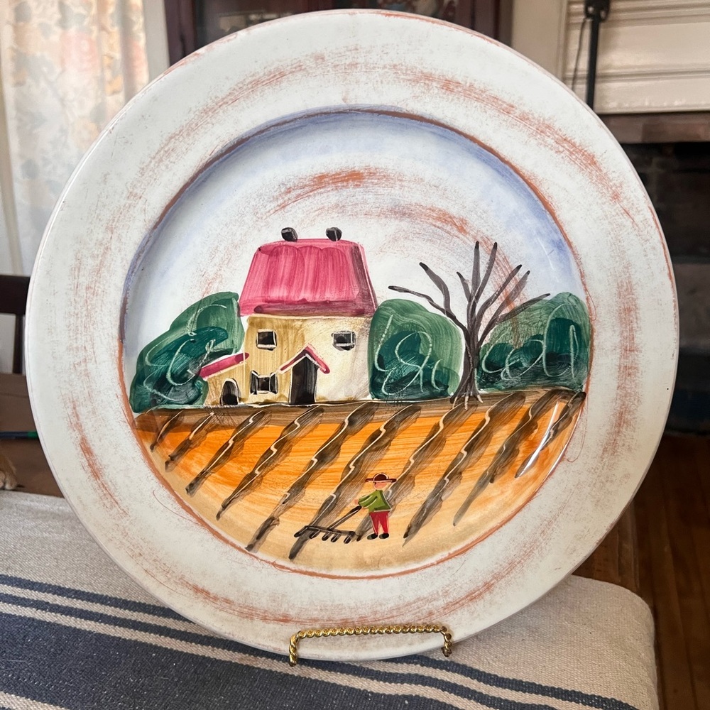 Vietri Large Decorative Round Plate Italian Tuscany Country Farm Scene 13”